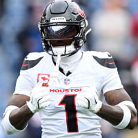 Oct 13, 2024; Foxborough, Massachusetts, USA; Houston Texans wide receiver Stefon Diggs (1) reacts before a game against the New England Patriots at Gillette Stadium. Mandatory Credit: Brian Fluharty-Imagn Images