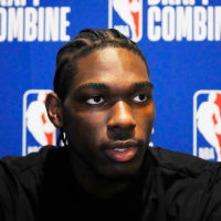 May 14, 2025; Chicago, Il, USA; Rasheer Fleming talks to the media during the 2025 NBA Draft Combine at Marriott Marquis Chicago. Mandatory Credit: David Banks-Imagn Images