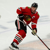 Apr 13, 2023; Chicago, Illinois, USA; Chicago Blackhawks center Jonathan Toews (19) plays in his last game as a Blackhawk against the Philadelphia Flyers during the first period at United Center. Mandatory Credit: David Banks-USA TODAY Sports