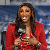 CANTON, OHIO - AUGUST 04: NBC Sports announcer Maria Taylor speaks during a segment prior to the 2022 Pro Hall of Fame Game between the Jacksonville Jaguars and the Las Vegas Raiders at Tom Benson Hall Of Fame Stadium on August 04, 2022 in Canton, Ohio. (Photo by Nick Cammett/Getty Images)