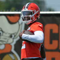 Browns quarterback Shedeur Sanders celebrates after breaking away for a big gain during practice, Wednesday, June 11, 2025, in Berea.