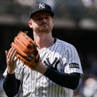 Jun 21, 2025; Bronx, New York, USA; New York Yankees pitcher Clarke Schmidt (36) reacts after leaving the game during the seventh inning against the Baltimore Orioles at Yankee Stadium. Mandatory Credit: John Jones-Imagn Images