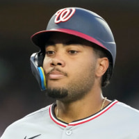 Jun 21, 2025; Los Angeles, California, USA; Washington Nationals outfielder James Wood (29) celebrates after scoring a home run in the fourth inning against the Los Angeles Dodgers at Dodger Stadium. Mandatory Credit: Kirby Lee-Imagn Images