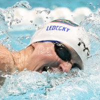 Jun 3, 2025; Indianapolis, Indiana, UNITED STATES; Katie Ledecky swims in the women's 800 meter freestyle at the Toyota National Championships swimming meet at Indiana University Natatorium. Mandatory Credit: Robert Goddin-Imagn Images