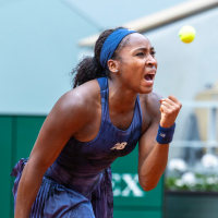 PARIS, FRANCE - JUNE 2: Coco Gauff of the United States celebrates her victory against Ekaterina Alexandrova in the fourth round of the singles competition on Court Philippe-Chatrier during the 2025 French Open Tennis Tournament at Roland Garros on June 2nd, 2025, in Paris, France. (Photo by Tim Clayton/Getty Images)