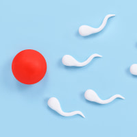 Abstract sperm cells swimming towards egg cell.