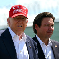 Donald Trump and Ron DeSantis tour a migrant detention center dubbed "Alligator Alcatraz" in Ochopee, Florida on July 1.  