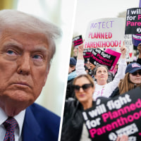 A split composite image of President Donald Trump, left, and  Planned Parenthood protestors.