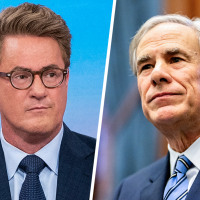 A split composite image of Joe Scarborough, left, and Greg Abbott.