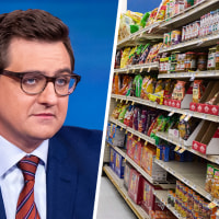 A split composite image of Chris Hayes and grocery store shelves