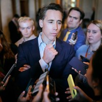 Josh Hawley speaks with reporters