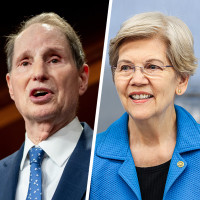 A split composite image of Sheldon Whitehouse, left, Ron Wyden, center, and Elizabeth Warren