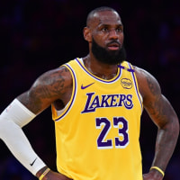 Apr 30, 2025; Los Angeles, California, USA; Los Angeles Lakers forward LeBron James (23) reacts during the first half in game five of first round for the 2025 NBA Playoffs at Crypto.com Arena. Mandatory Credit: Gary A. Vasquez-Imagn Images