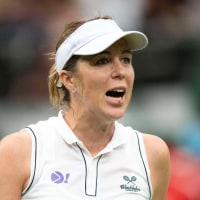 Jul 6, 2025; Wimbledon, United Kingdom; Anastasia Pavlyuchenkova reacts to a point during her match against Sonny Kartal of Great Britain on day seven at the All England Lawn Tennis and Croquet Club. Mandatory Credit: Susan Mullane-Imagn Images