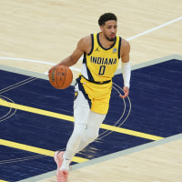 Jun 19, 2025; Indianapolis, Indiana, USA; Indiana Pacers guard Tyrese Haliburton (0) dribbles the ball against the Oklahoma City Thunder in the second quarter during game six of the 2025 NBA Finals at Gainbridge Fieldhouse. Mandatory Credit: Trevor Ruszkowski-Imagn Images