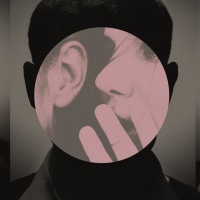 Photo illustration of shadowy man overlaid with image of woman whispering 