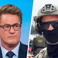 Side by side of Joe Scarborough and a screenshot from video of a Border Patrol Officer outside Gavin Newsom's press conference. 