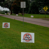 Signs on lawn.
