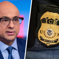 A split composite image of Ali Velshi, left, and an ICE badge.