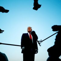 Donald Trump speaks with reporters