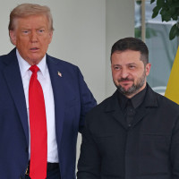 President Donald Trump greets Ukrainian President Volodymyr Zelensky at the White House on Aug. 18, 2025.