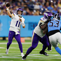 Brett Rypien of the Minnesota Vikings throws a pass during a preseason game against the Tennessee Titans on Aug. 22, 2025 in Nashville.