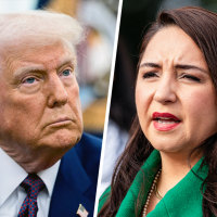 A split composite image of Donald Trump, left, and Delia Ramirez