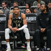 Apr 27, 2025; Milwaukee, Wisconsin, USA; Milwaukee Bucks forward Giannis Antetokounmpo (34) looks on in the final seconds of the game against the Indiana Pacers during game four of first round for the 2024 NBA Playoffs at Fiserv Forum. Mandatory Credit: Benny Sieu-Imagn Images