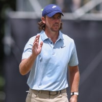 Aug 24, 2025; Atlanta, Georgia, USA; Tommy Fleetwood reacts after a putt on the second green during the final round of the TOUR Championship golf tournament. Mandatory Credit: Brett Davis-Imagn Images