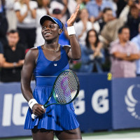 Aug 4, 2025; Montreal, QC, Canada; Victoria Mboko (CAN) salutes the crowd after her quarterfinal match win against Jessica Bouzas Maneiro (ESP) at IGA Stadium. Mandatory Credit: David Kirouac-Imagn Images
