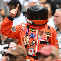 CLEVELAND, OHIO - AUGUST 23: A Cleveland Browns fan dressed as an astronaut poses for a photo during the first quarter of an NFL Preseason 2025 game against the Los Angeles Rams at Huntington Bank Field on August 23, 2025 in Cleveland, Ohio. (Photo by Nick Cammett/Getty Images)