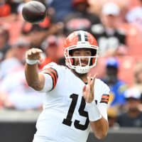 CLEVELAND, OHIO - AUGUST 23: Quarterback Joe Flacco #15 of the Cleveland Browns passes during the first quarter of an NFL Preseason 2025 game against the Los Angeles Rams at Huntington Bank Field on August 23, 2025 in Cleveland, Ohio. (Photo by Jason Miller/Getty Images)