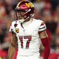 TAMPA, FLORIDA - JANUARY 12: Terry McLaurin #17 of the Washington Commanders looks on from the field during an NFL football wild card playoff game against the Tampa Bay Buccaneers at Raymond James Stadium on January 12, 2025 in Tampa, Florida. (Photo by Perry Knotts/Getty Images)