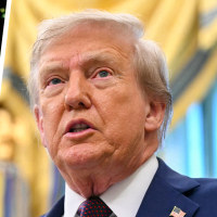A split composite of the Supreme Court building and Donald Trump.