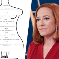 A split composite image of a birthday letter showing text inside of the shape of a woman's body, left, and Jen Psaki