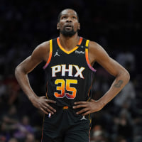 Kevin Durant on the the court during the first half of a basketball game against the Cleveland Cavaliers.