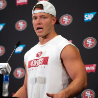 Jun 11, 2025; Santa Clara, CA, USA; San Francisco 49ers running back Christian McCaffrey speaks to the media following a team OTA at Levi's Stadium. Mandatory Credit: D. Ross Cameron-Imagn Images