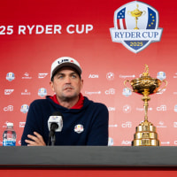 FARMINGDALE, NY - SEPTEMBER 22: Team USA Captain Keegan Bradley and Team Europe Captain Luke Donald sit for a media interview during the 2025 Ryder Cup at Bethpage State Park on Monday, September 22, 2025 in Farmingdale, New York. (Photo by Darren Carroll/PGA of America)
