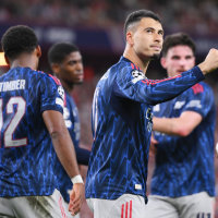 BILBAO, SPAIN - SEPTEMBER 16: Gabriel Martinelli of Arsenal celebrates scoring his team's first goal during the UEFA Champions League 2025/26 League Phase MD1 match between Athletic Club and Arsenal FC at Estadio de San Mames on September 16, 2025 in Bilbao, Spain. (Photo by David Ramos/Getty Images)