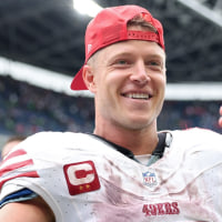SEATTLE, WASHINGTON - SEPTEMBER 07: Christian McCaffrey #23 of the San Francisco 49ers celebrates after defeating the Seattle Seahawks during the game at Lumen Field on September 07, 2025 in Seattle, Washington. (Photo by Steph Chambers/Getty Images)
