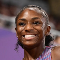 TOKYO, JAPAN - SEPTEMBER 13: Melissa Jefferson-Wooden of Team United States poses for a photo following the Women's 100 Metres Heats on day one of the World Athletics Championships Tokyo 2025 at National Stadium on September 13, 2025 in Tokyo, Japan.  (Photo by Hannah Peters/Getty Images)