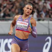 Sep 14, 2025; Tokyo, Japan; Sydney McLaughlin-Levrone (USA) runs in a qualifying heat of the women’s 400 meters during the World Athletic Championships at National Stadium. Mandatory Credit: Kirby Lee-Imagn Images