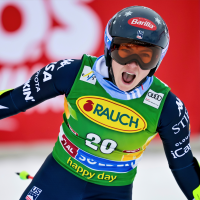 United States' Mikaela Shiffrin celebrates at the finish area of an alpine ski, women’s World Cup giant slalom in Soelden, Austria, Saturday, Oct. 25, 2025. 