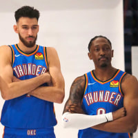 Shai Gilgeous-Alexander (2), Chet Holmgren (7) and Jalen Williams (8) during the Thunder Media Day for the 25-26 NBA season at the Paycom Center Monday, Sept. 29, 2025.