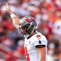TAMPA, FLORIDA - OCTOBER 12: Baker Mayfield #6 of the Tampa Bay Buccaneers celebrates after a touchdown during the first quarter of an NFL football game against the San Francisco 49ers at Raymond James Stadium on October 12, 2025 in Tampa, Florida. (Photo by Kevin Sabitus/Getty Images)