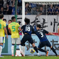 CHOFU, JAPAN - OCTOBER 14: Ayase Ueda (3rd R) of Japan celebrates after scoring the team's third goal during the international friendly match between Japan and Brazil at Tokyo Stadium on October 14, 2025 in Chofu, Tokyo, Japan. (Photo by Toru Hanai/Getty Images)