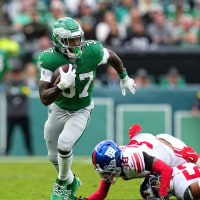 PHILADELPHIA, PENNSYLVANIA - OCTOBER 26: Tank Bigsby #37 of the Philadelphia Eagles carries the ball against the New York Giants during the fourth quarter in the game at Lincoln Financial Field on October 26, 2025 in Philadelphia, Pennsylvania. (Photo by Mitchell Leff/Getty Images)