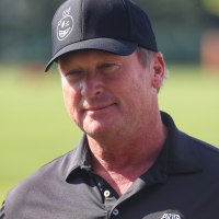 TAMPA, FL - AUGUST 07: Former Tampa Bay Buccaneers Super Bowl winning Head Coach Jon Gruden visits with friends during the Titans - Buccaneers Joint Training Camp work out on August 07, 2025 at the AdventHealth Training Center at One Buccaneer Place in Tampa, Florida. (Photo by Cliff Welch/Icon Sportswire via Getty Images)