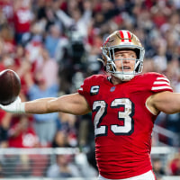 SANTA CLARA, CA - OCTOBER 19: Christian McCaffrey #23 of the San Francisco 49ers runs in a touchdown in the second quarter of a NFL game against the Atlanta Falcons on October 19, 2025 at Levi's Stadium in Santa Clara, CA. (Photo by Matthew Huang/Icon Sportswire via Getty Images)