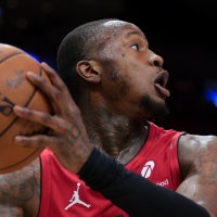 Jan 21, 2025; Miami, Florida, USA; Miami Heat guard Terry Rozier (2) protects the basketball against the Portland Trail Blazers during the first quarter at Kaseya Center. Mandatory Credit: Sam Navarro-Imagn Images
